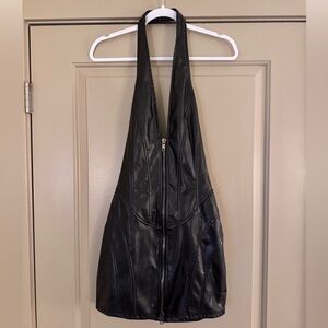 AKIRA Black Faux Leather Halter Dress with Front Zip